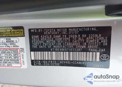 2007 Toyota Camry Le z USA, uszkodzony, nr VIN 4T1BE46K87U655287